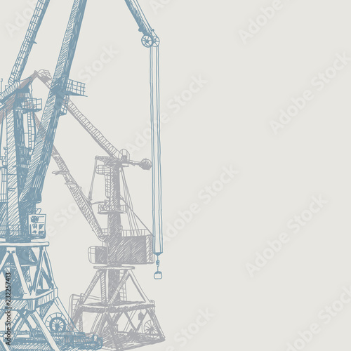 Port crane machinery Building Tower construction. Hand drawn sketch illustration. Blue silhouette on brown gray backgraund. Applicable for Placards Banners Posters Flyers. Vector