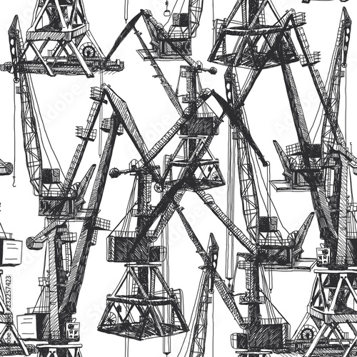 Seamless pattern Port crane machinery Building Tower construction. Hand drawn sketch illustration. Black silhouette isolated on white backgraund. Vector