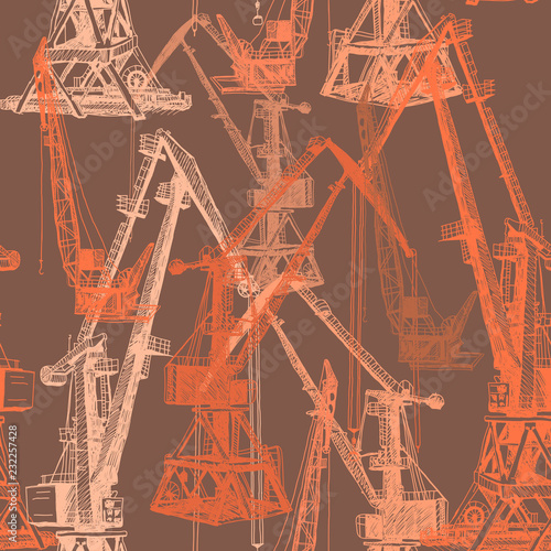 Seamless pattern Port crane machinery Building Tower construction. Hand drawn sketch illustration. Beige orange silhouette on brown backgraund. Vector