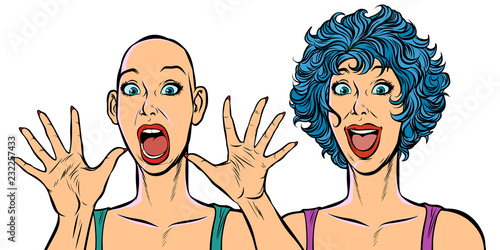Woman bald and with hair, human health problems