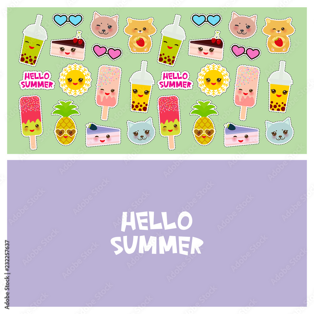 Hello Summer bright tropical card design, fashion patches badges stickers. Applicable for Banners, Poster. Pineapple, cherry smoothie cup, ice cream, sun, cat, cake, hamster. Kawaii cute face. Vector Hello Summer bright tropical card design, fashion patches badges stickers. Applicable for Banners, Poster. Pineapple, cherry smoothie cup, ice cream, sun, cat, cake, hamster. Kawaii cute face. Vector