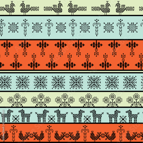 Seamless pattern folk embroidery, black blue orange greenbackground. Collection of flowers, birds, peacocks, horse, symbols earth, sun fertility, harvesting. Can be used for fabrics, wallpaper. Vector