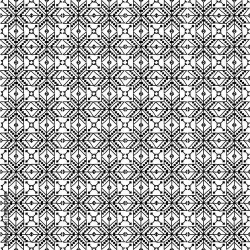 Seamless pattern stars flowers Ornament of Russian folk embroidery, black contour isolated on white background. Can be used for fabrics, wallpapers, websites. Vector