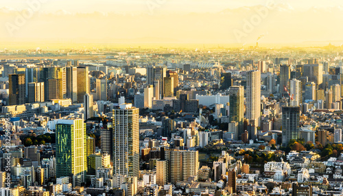 tokyo tower and city skyline under sunset