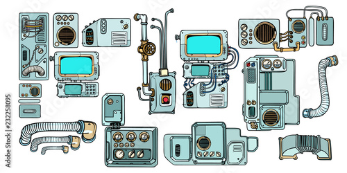 Cyberpunk robots mechanisms and machines. Details of the spacecr