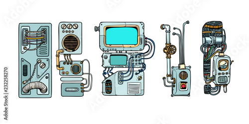 Cyberpunk robots mechanisms and machines. Details of the spacecr
