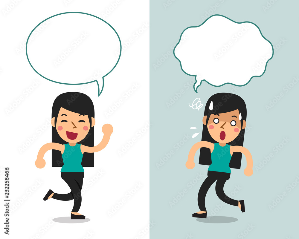 Cartoon vector character a woman expressing different emotions with speech bubbles Cartoon vector character a woman expressing different emotions with speech bubbles