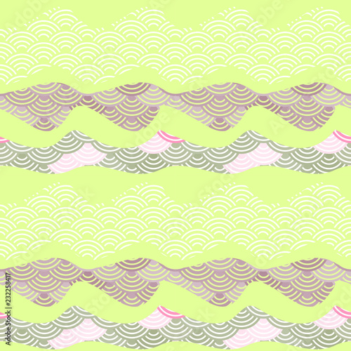 Summer bright sea Waves seamless pattern scales simple Nature background with Chinese wave circle pattern violet brown Light yellow-green colors card banner design. Vector
