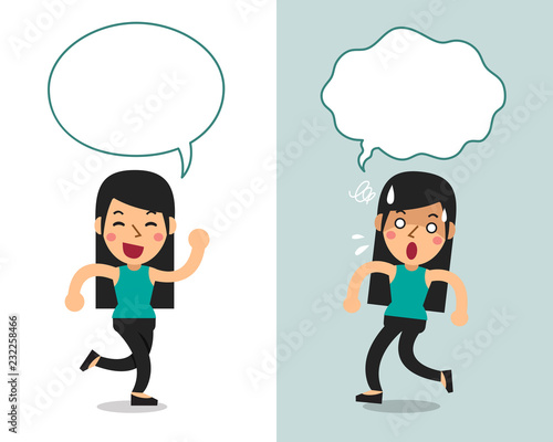 Cartoon vector character a woman expressing different emotions with speech bubbles