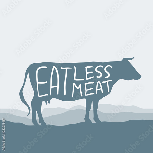 Eat less meat. Cow silhouette graze in the field, landscape, sky, grass, pasture. Blue, gray background. Pollution problem concept Eco, ecology banner poster. Vector