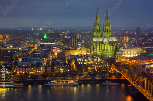 View of Cologne and the Cologne cathedral in the night from height of bird's flight