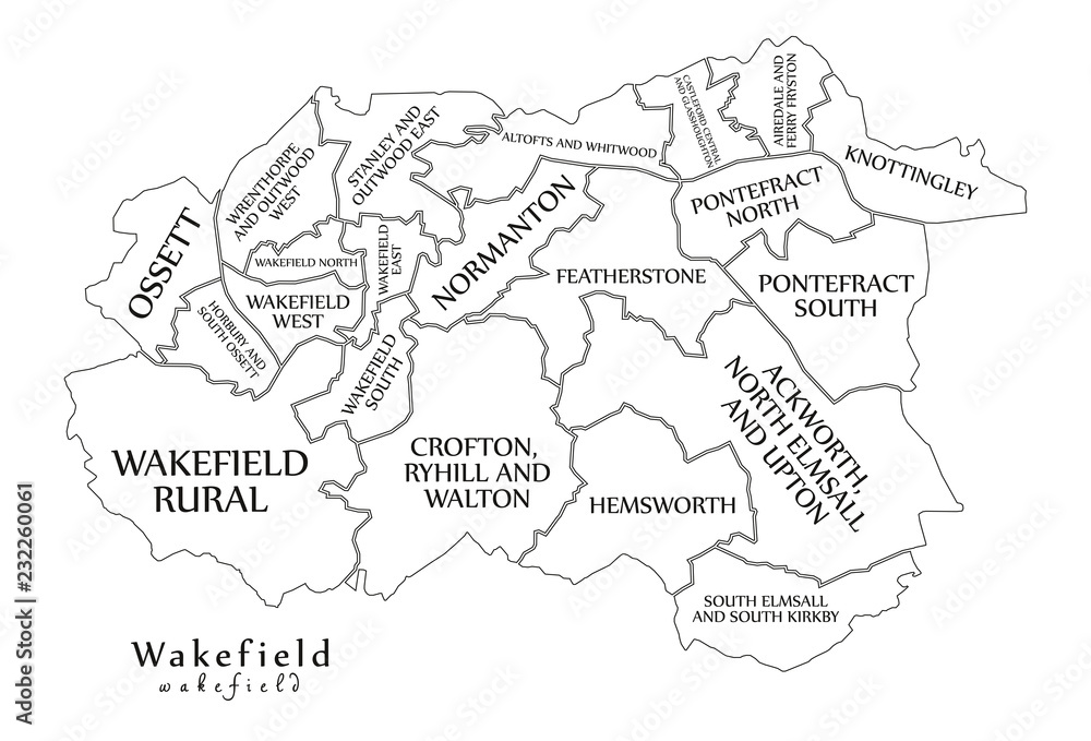 Modern City Map Wakefield City Of England With Wards And Titles UK Modern City Map Wakefield City Of England With Wards And Titles UK