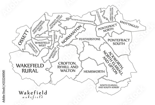 Modern City Map - Wakefield city of England with wards and titles UK outline map