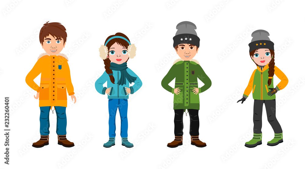 Cute Cartoon Boys and Girls in winter clothes coat, boots, hat and scarf,  set. Vector icon little kids in Christmas outfit. Stock Vector | Adobe Stock