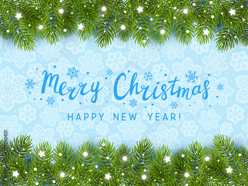 Christmas tree border with holiday decor on blue