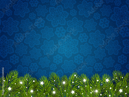 Christmas tree border with holiday decor on blue