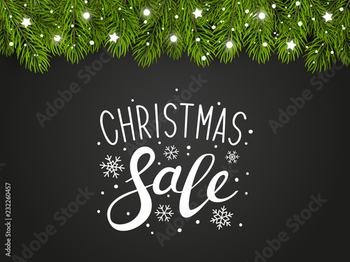 Christmas tree border with holiday decor on dark background