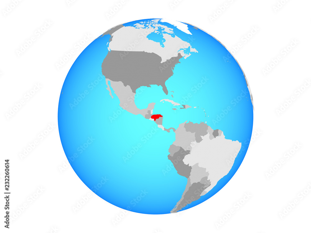 Honduras on blue political globe. 3D illustration isolated on white background.