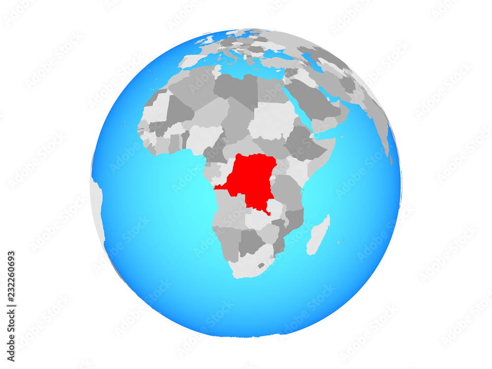 Naklejka premium Dem Rep of Congo on blue political globe. 3D illustration isolated on white background.