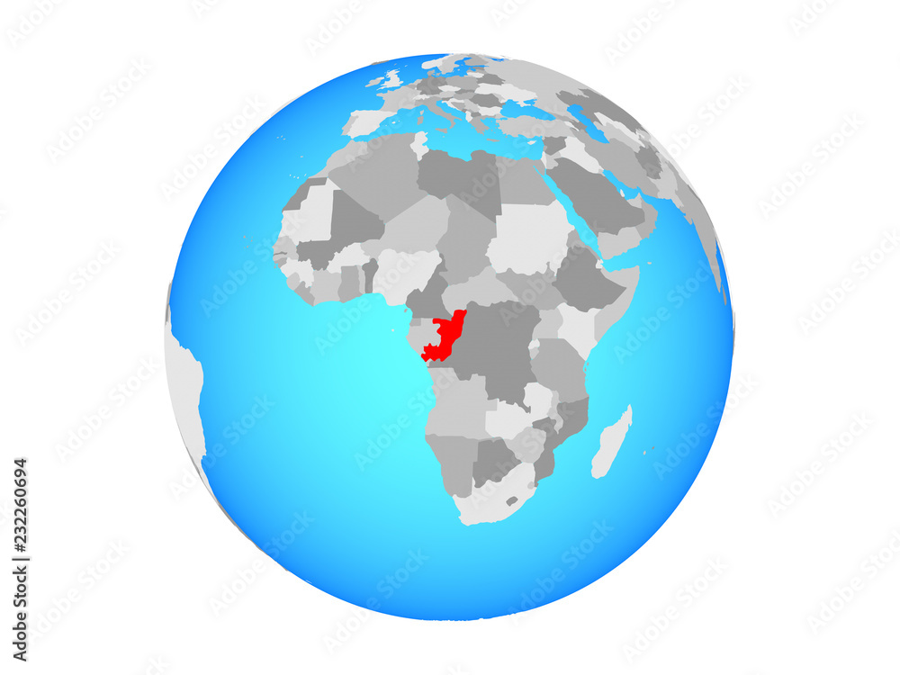 Congo on blue political globe. 3D illustration isolated on white background.