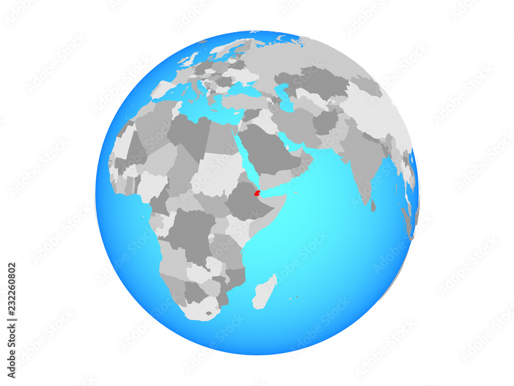 Djibouti on blue political globe. 3D illustration isolated on white background.