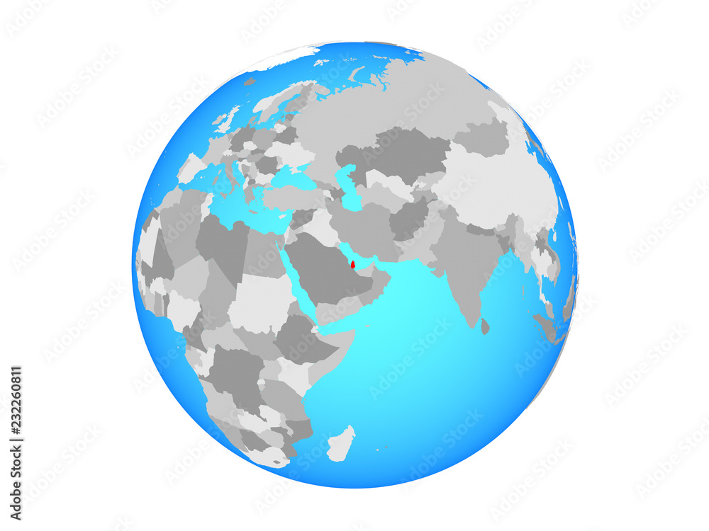 Qatar on blue political globe. 3D illustration isolated on white background.