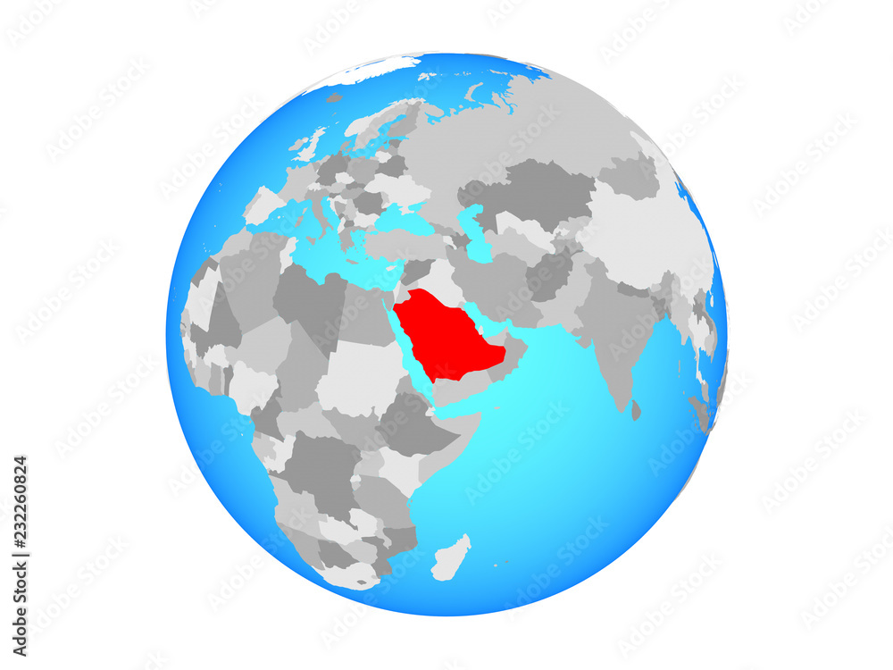 Saudi Arabia on blue political globe. 3D illustration isolated on white background.