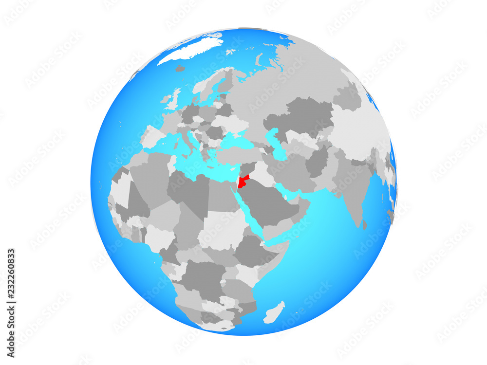 Jordan on blue political globe. 3D illustration isolated on white background. Jordan on blue political globe. 3D illustration isolated on white background.