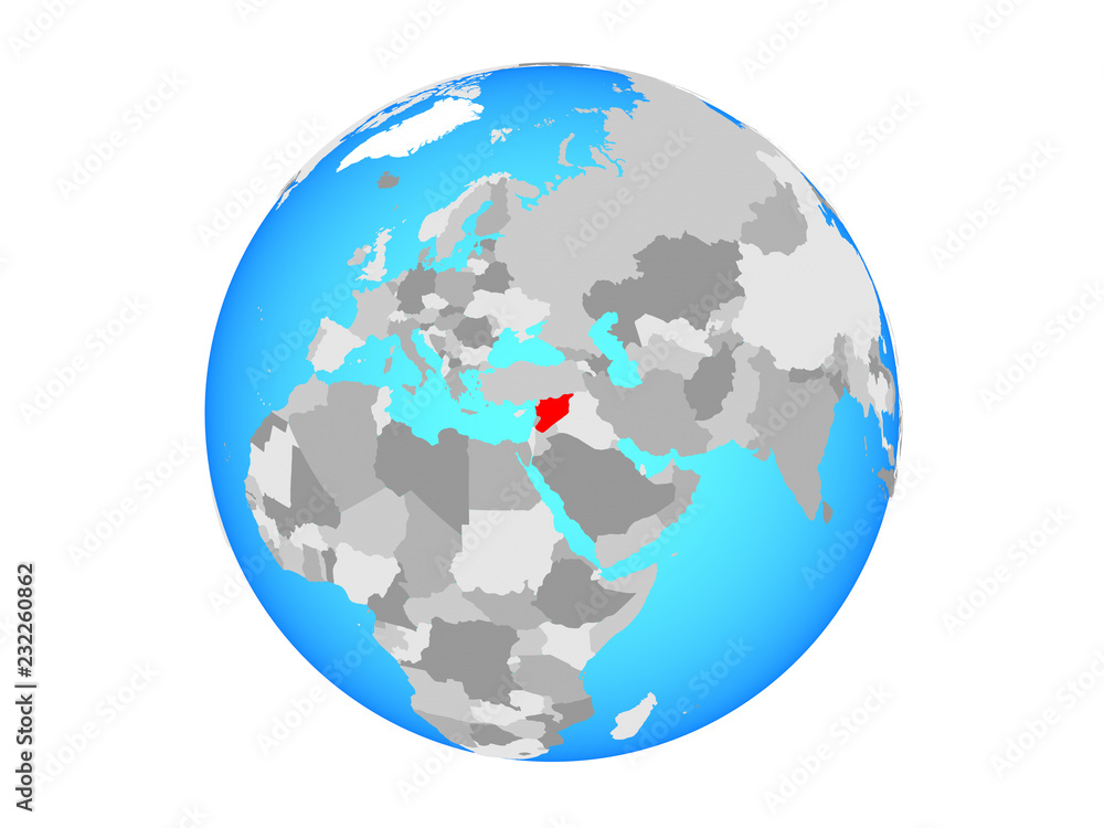 Syria on blue political globe. 3D illustration isolated on white background.