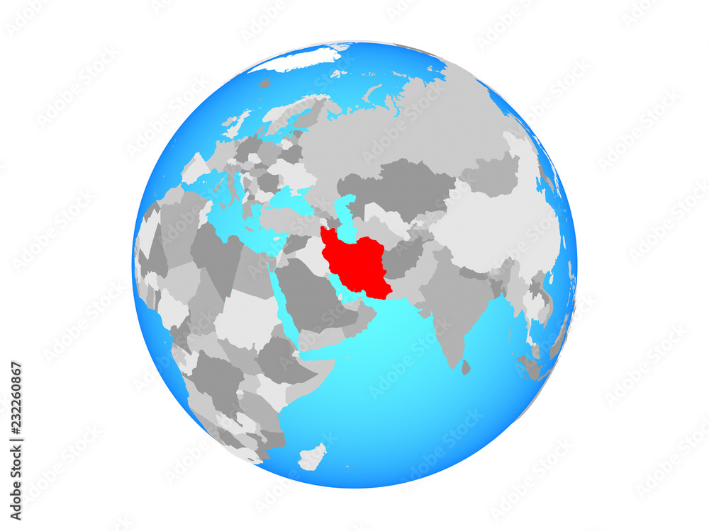 Iran on blue political globe. 3D illustration isolated on white background.