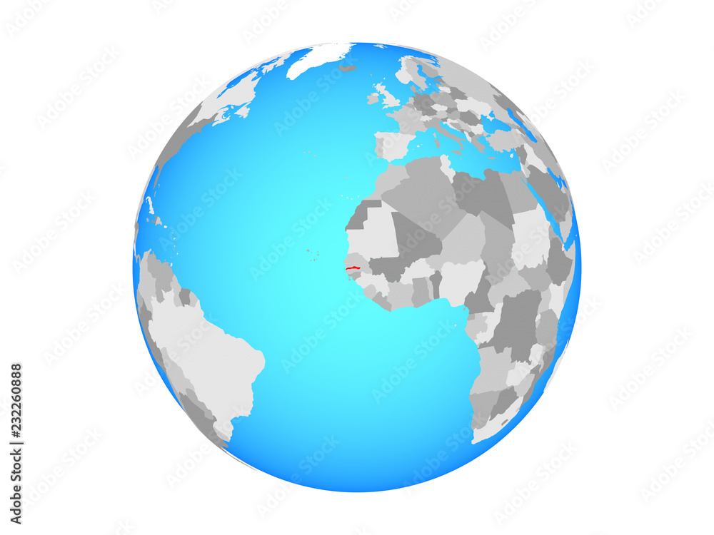 Gambia on blue political globe. 3D illustration isolated on white background.