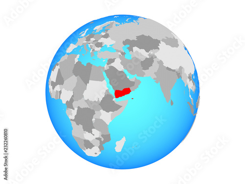 Yemen on blue political globe. 3D illustration isolated on white background.