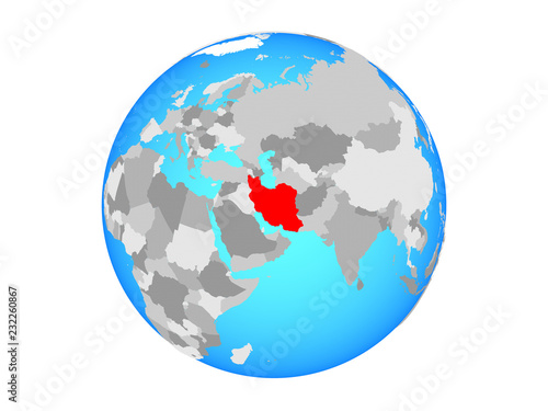 Iran on blue political globe. 3D illustration isolated on white background.