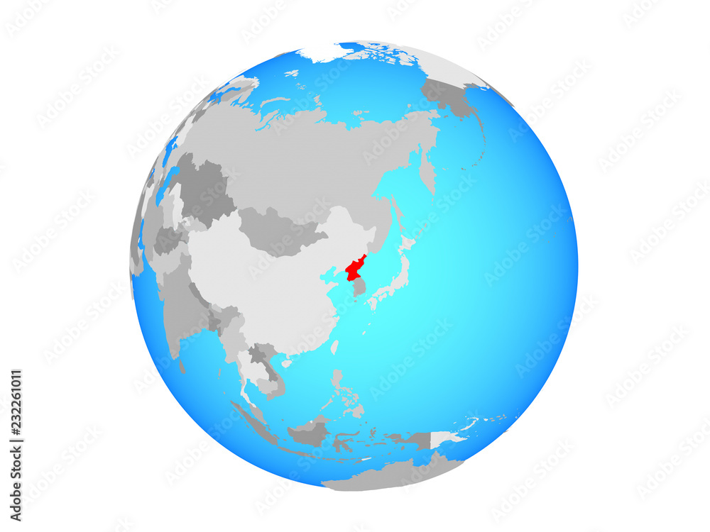North Korea on blue political globe. 3D illustration isolated on white background.