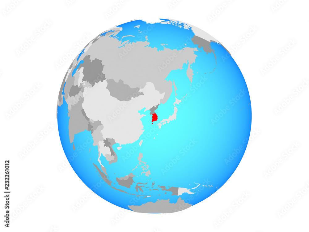 South Korea on blue political globe. 3D illustration isolated on white background. South Korea on blue political globe. 3D illustration isolated on white background.