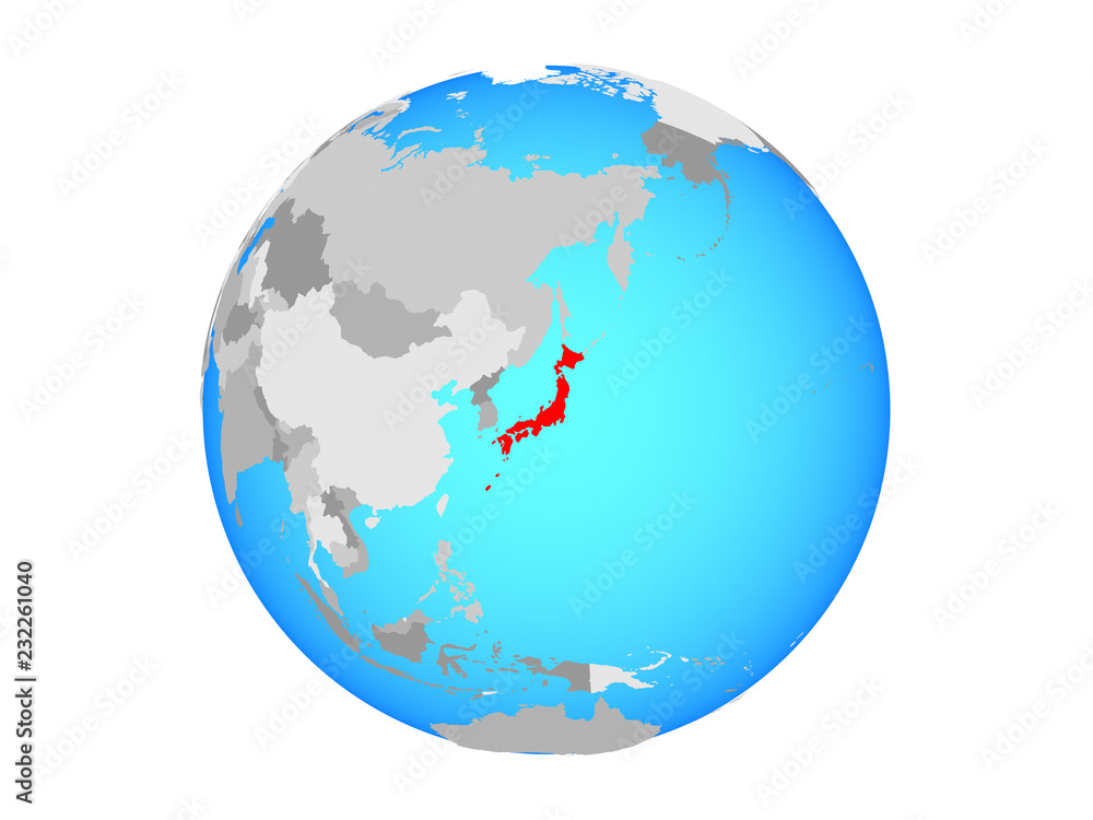 Japan on blue political globe. 3D illustration isolated on white background. Japan on blue political globe. 3D illustration isolated on white background.
