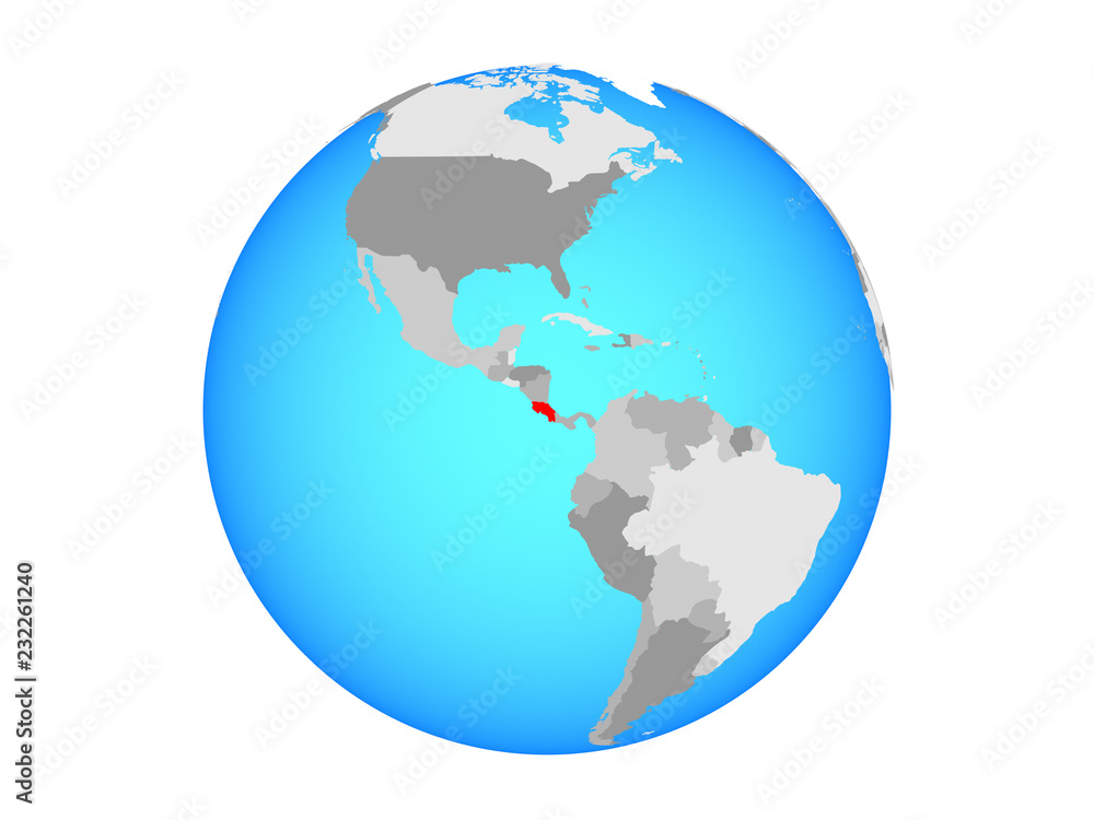 Costa Rica on blue political globe. 3D illustration isolated on white background.