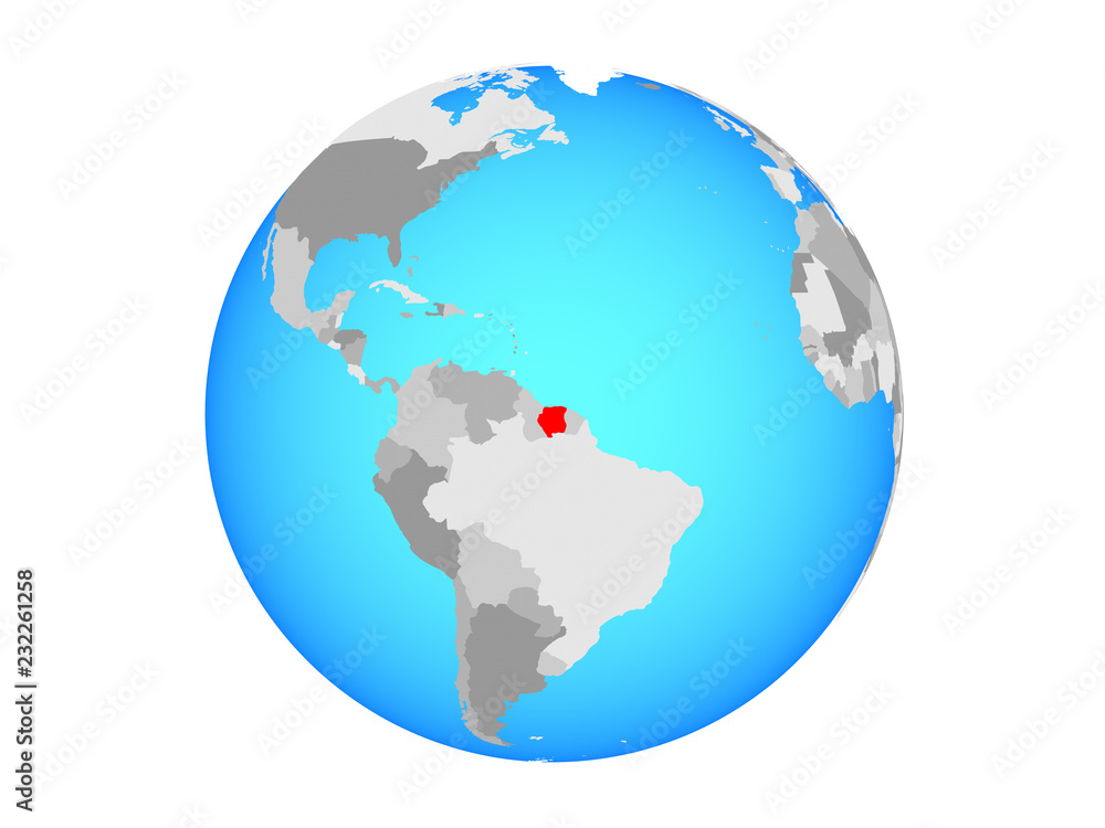 Suriname on blue political globe. 3D illustration isolated on white background.