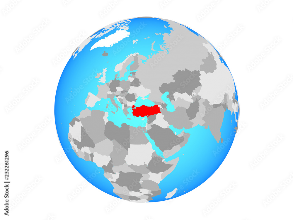 Turkey on blue political globe. 3D illustration isolated on white background.