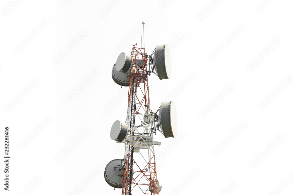 Telecom tower,low angle view..Close up of antenna tower on hill top include of  radio microwave and cellular 4G network ,isolated white background..