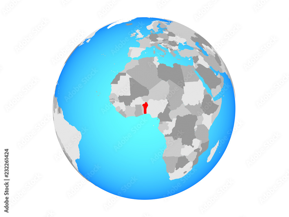 Benin on blue political globe. 3D illustration isolated on white background.