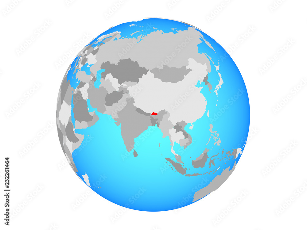 Bhutan on blue political globe. 3D illustration isolated on white background.