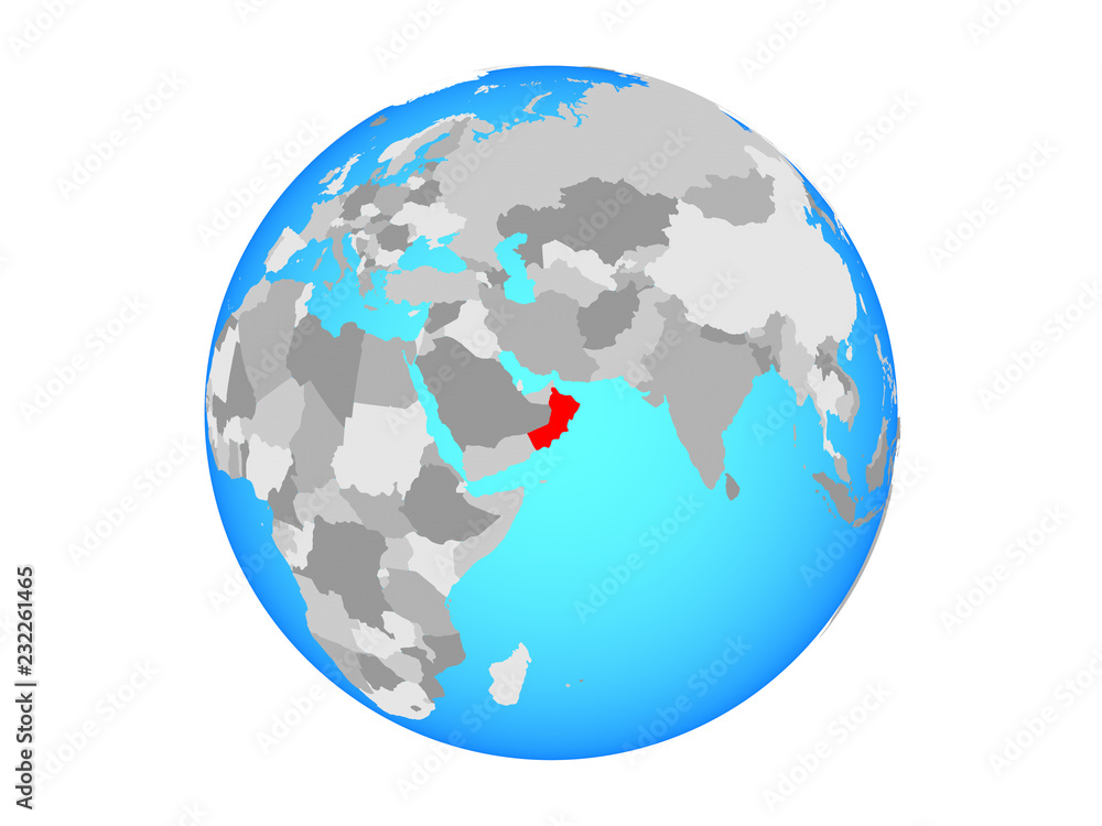 Oman on blue political globe. 3D illustration isolated on white background. Oman on blue political globe. 3D illustration isolated on white background.