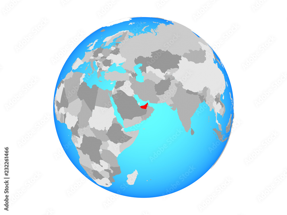 United Arab Emirates on blue political globe. 3D illustration isolated on white background.