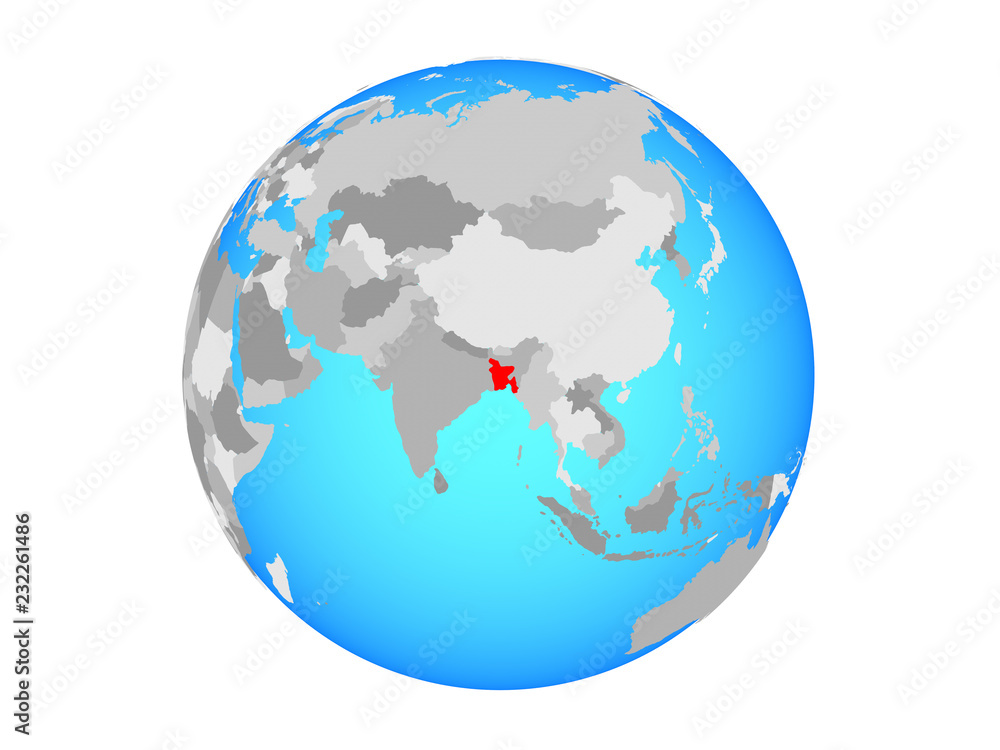 Bangladesh on blue political globe. 3D illustration isolated on white background.