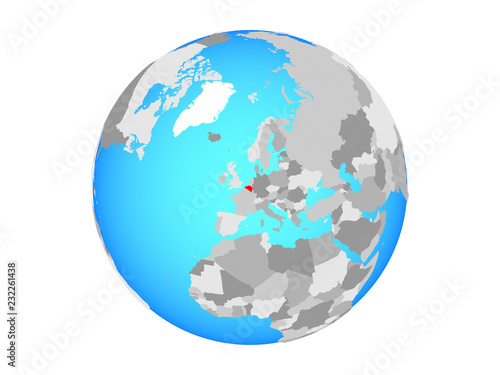 Belgium on blue political globe. 3D illustration isolated on white background.