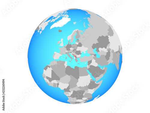 Kosovo on blue political globe. 3D illustration isolated on white background.