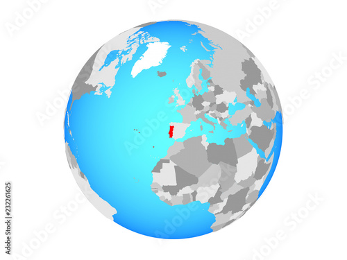 Portugal on blue political globe. 3D illustration isolated on white background.