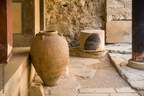Clay vase in the ruins of the palace. Historic ruins in Knossos, Greece.