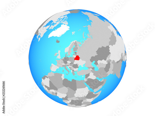 Belarus on blue political globe. 3D illustration isolated on white background.